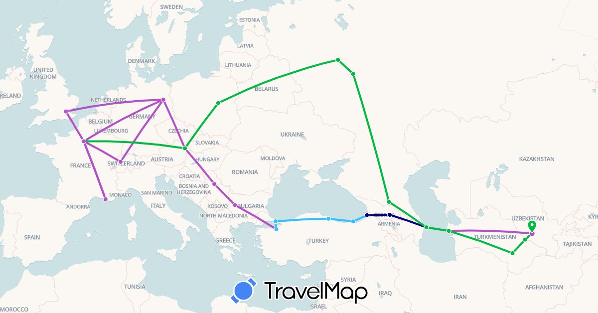 TravelMap itinerary: driving, bus, train, boat in Austria, Azerbaijan, Bulgaria, Switzerland, Germany, France, United Kingdom, Georgia, Poland, Serbia, Russia, Turkmenistan, Turkey, Uzbekistan (Asia, Europe)