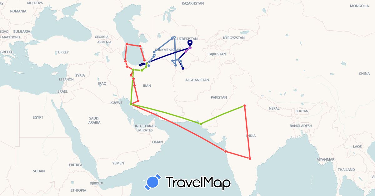TravelMap itinerary: driving, cycling, train, hiking, electric vehicle in Azerbaijan, India, Iran, Pakistan, Turkmenistan, Uzbekistan (Asia)