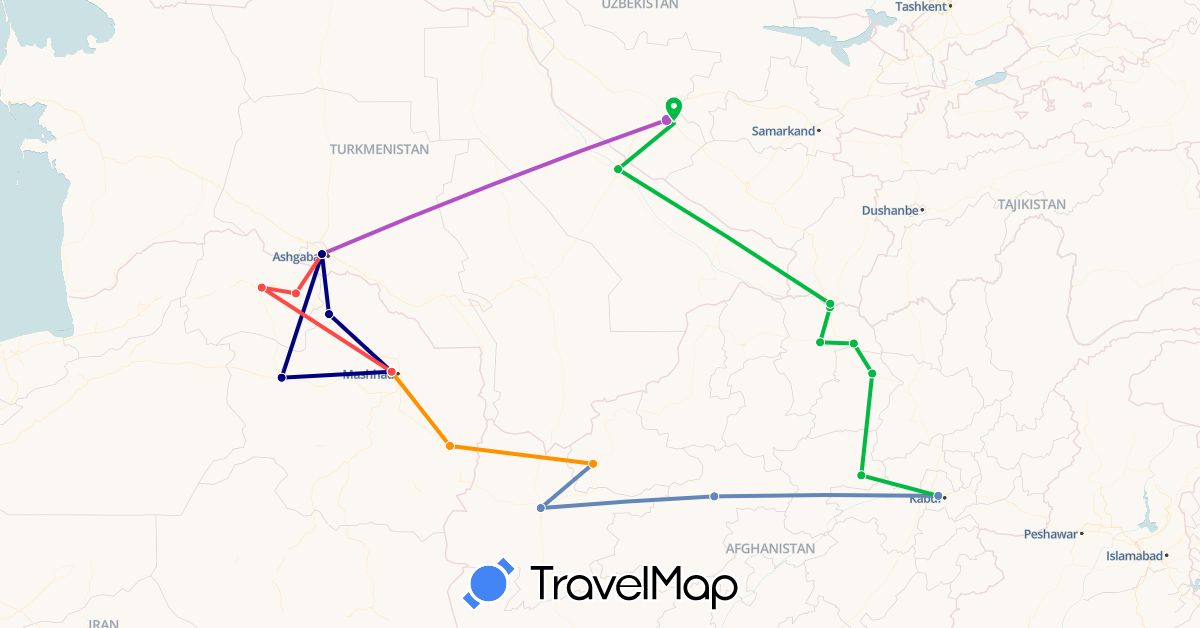 TravelMap itinerary: driving, bus, cycling, train, hiking, hitchhiking in Afghanistan, Iran, Turkmenistan, Uzbekistan (Asia)